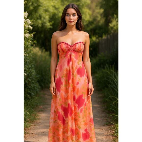 Laundry By Shelli Segal Strapless Gown watercolor Silk Chiffon Maxi Dress Sz 10 - Picture 1 of 15